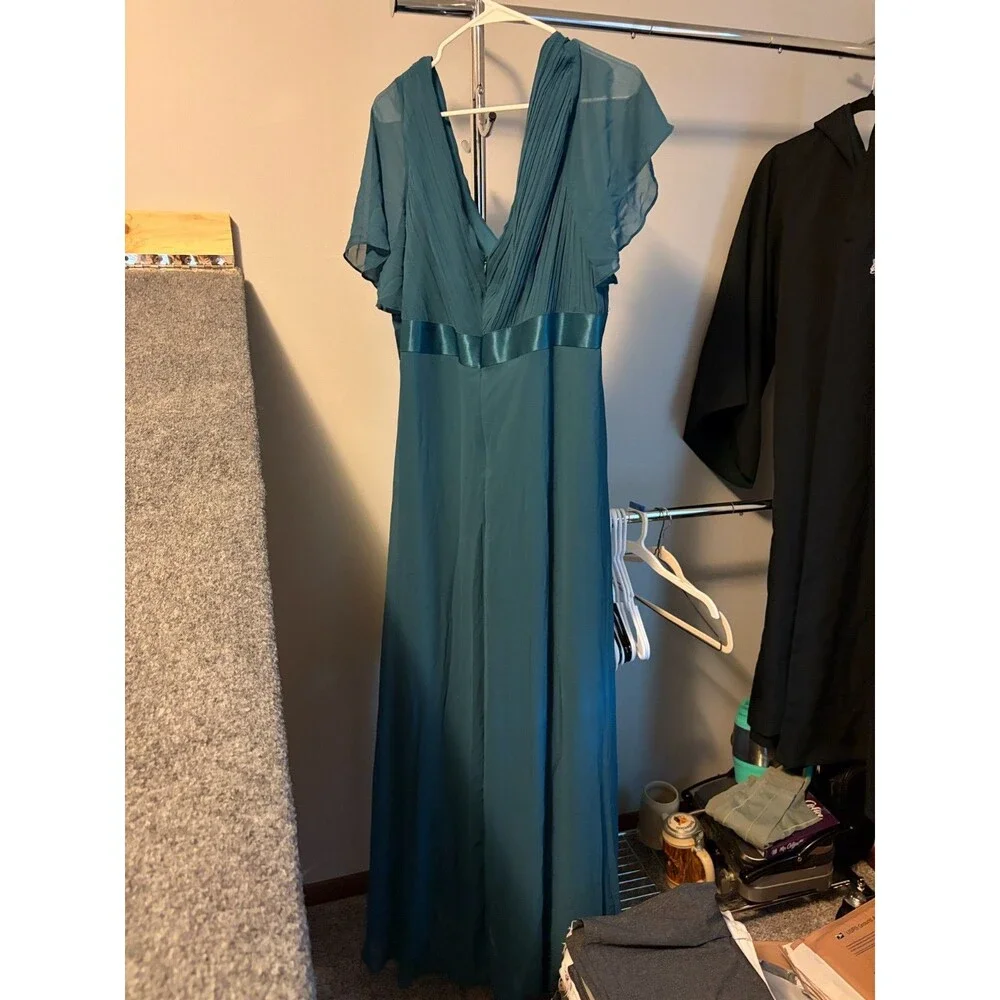 Ever-Pretty Teal Pleated V Neck Flutter Sleeve Formal Maxi Dress 8XL US 24 NWT